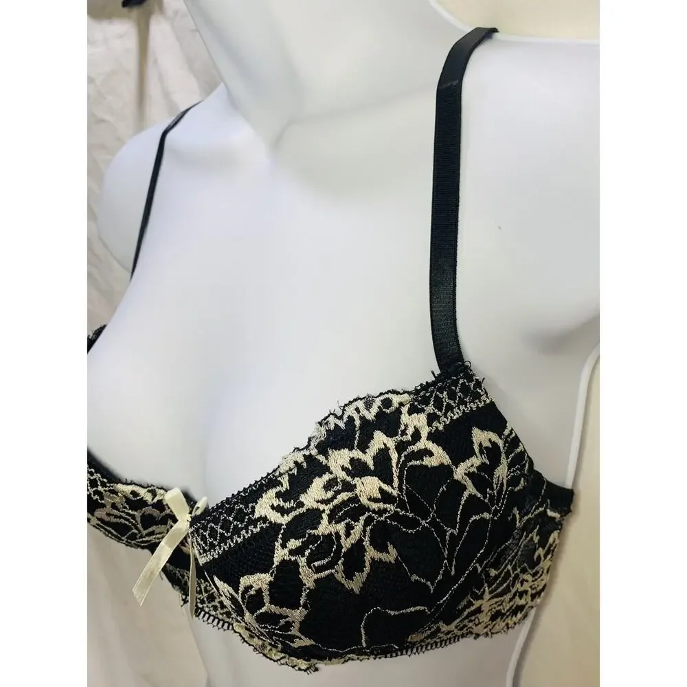 Rene Rofa Bra Underwire Padded 34B Black Beige Floral Lace Pushup Sexy Used - Picture 2 of 12